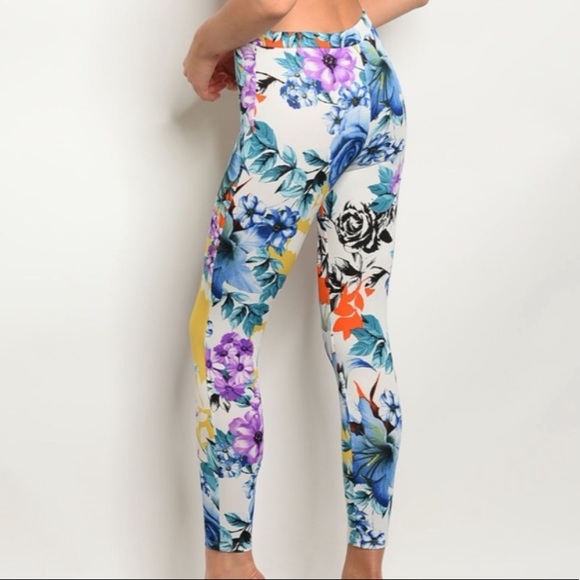 Ivory + blue multicolor floral print leggings - Picture 8 of 8